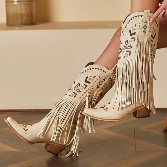 Beige Bohemian Women's Fringe Tassel Cowgirl Western Chunky High Heels  Boots - Picture 1 of 6